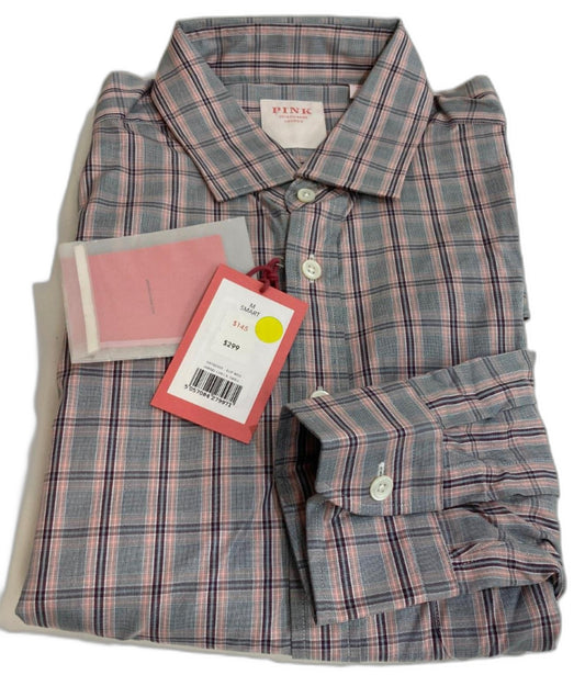 Thomas Pink Cotton Week-End Casual Shirt Pink Grey Checks Men Sz M NEW