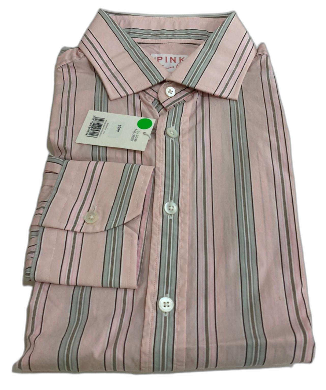 Thomas Pink Cotton Business Shirt Pink Grey Lines Men Sz 15.5/39R NEW