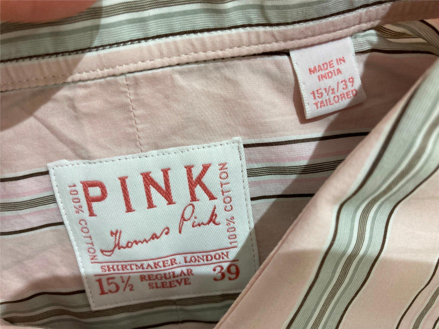 Thomas Pink Cotton Business Shirt Pink Grey Lines Men Sz 15.5/39R NEW