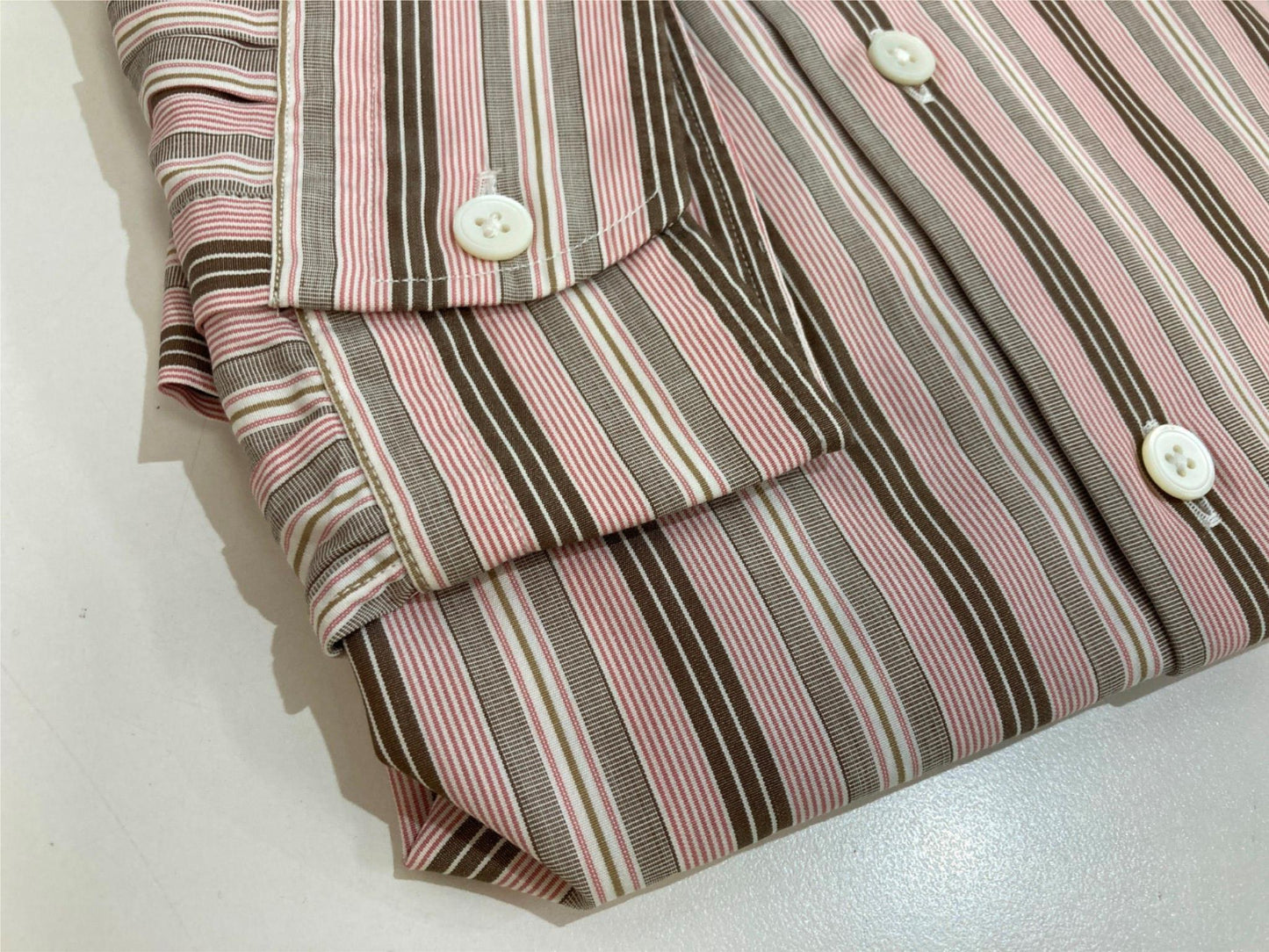 Thomas Pink Cotton Business Shirt Pink Brown Lines Men Sz 15.5/39R NEW