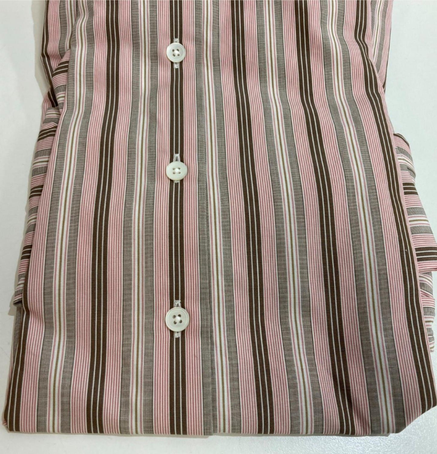 Thomas Pink Cotton Business Shirt Pink Brown Lines Men Sz 15.5/39R NEW