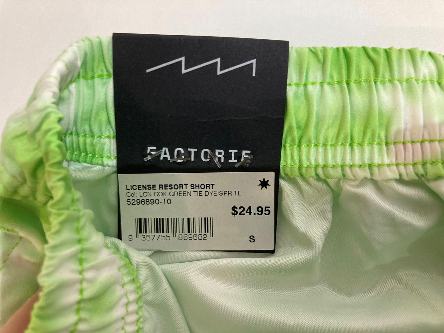 Factorie License Resort Shorts Sprite Green Tie Die Mens Sz S NEW