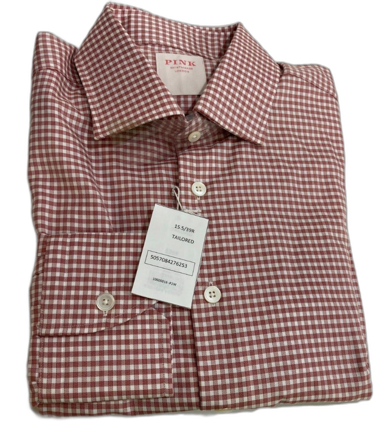 Thomas Pink Cotton Business Shirt Red Micro Checks Men Sz 15.5/39R NEW