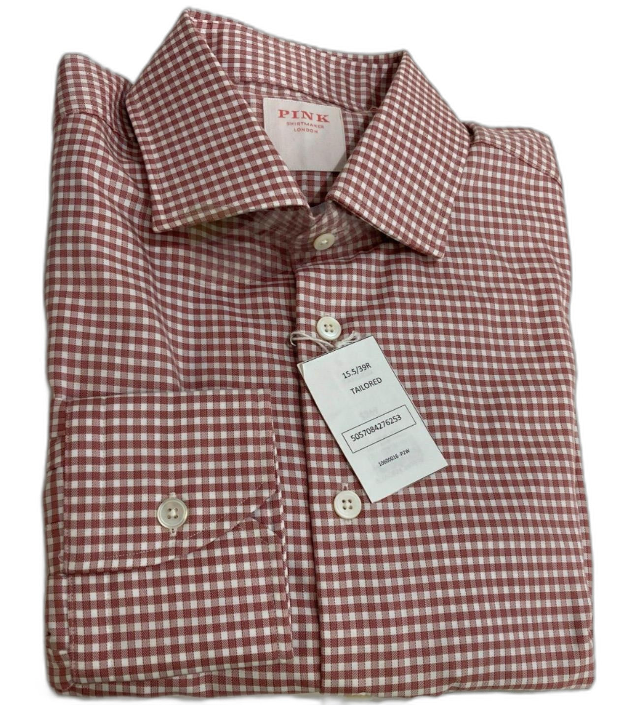 Thomas Pink Cotton Business Shirt Red Micro Checks Men Sz 15.5/39R NEW