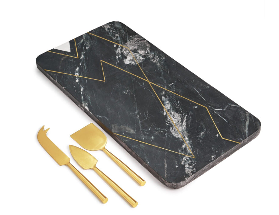 Gauri Kohli Handcrafted Ambrosia Marble Cheese Board W/ Gold Knives NEW