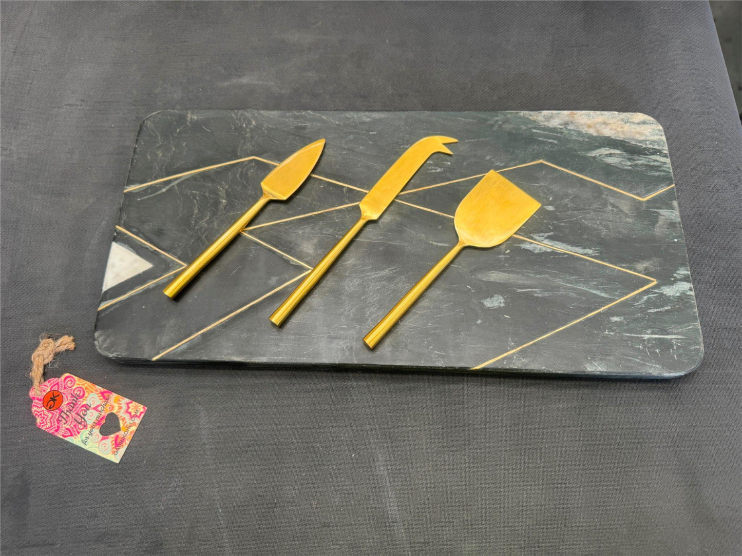 Gauri Kohli Handcrafted Ambrosia Marble Cheese Board W/ Gold Knives NEW