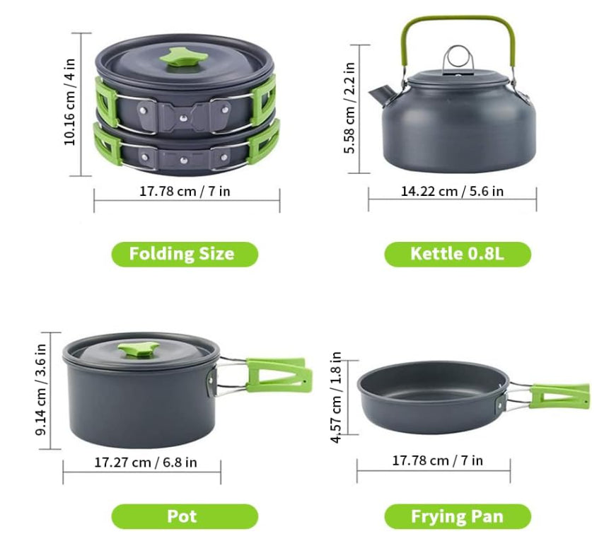 Portable Lightweight Non-Stick 13 Piece Camping Cooking Set W/ Kettle NEW