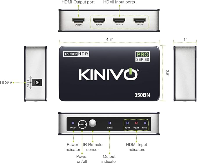 Kinivo 350Bn 3Port 4K 60Hz Hdmi Switch, Hdmi 2.0, Hdcp, Hdr Support NEW