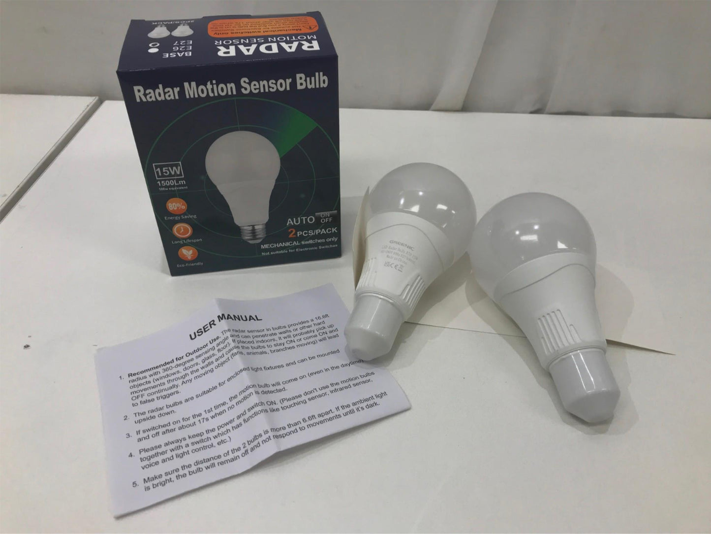 Greenic 2Pcs Led Radar Motion Sensor Bulb E27 15W Mechanical Switch NEW