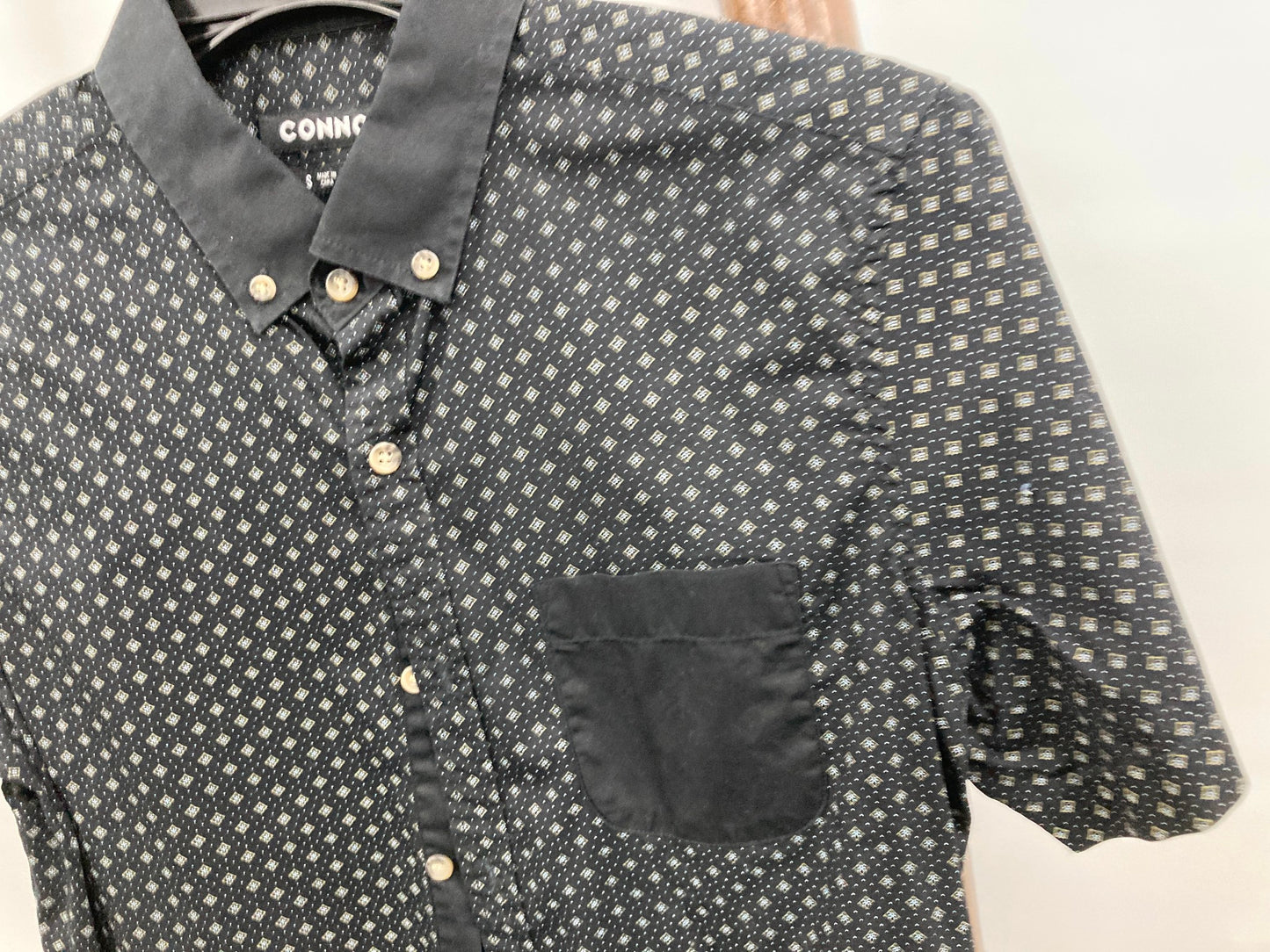 Connor Slim Fit Short Sleeve Button Up Shirt Black White Mens Sz S