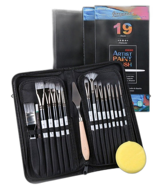 19Pcs Artist Paint Brush Set W/ Sponge, Mixing Knife, Pencil & Case NEW