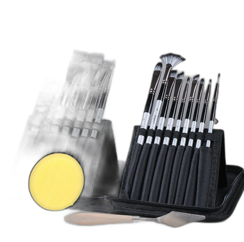 19Pcs Artist Paint Brush Set W/ Sponge, Mixing Knife, Pencil & Case NEW