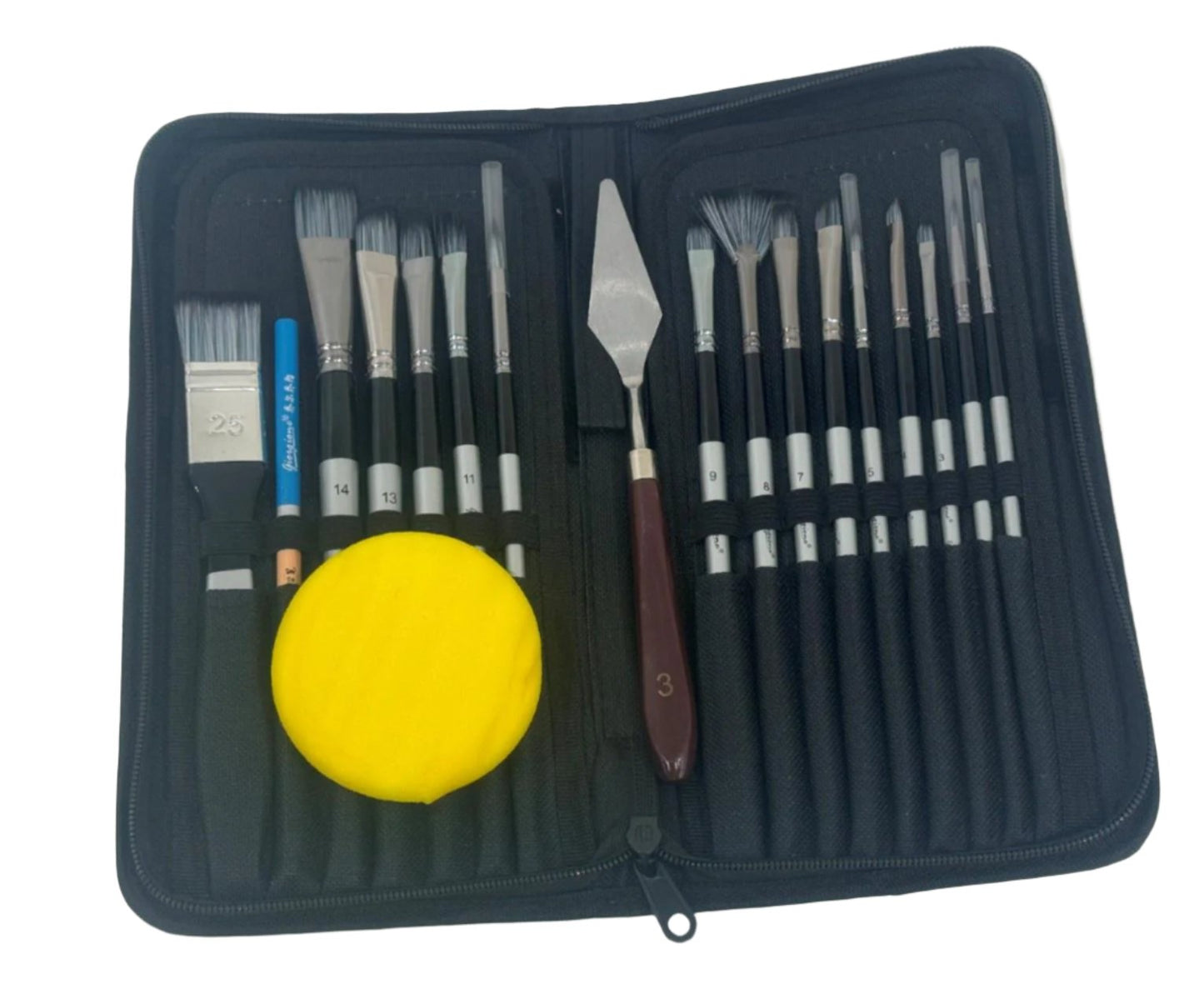 19Pcs Artist Paint Brush Set W/ Sponge, Mixing Knife, Pencil & Case NEW