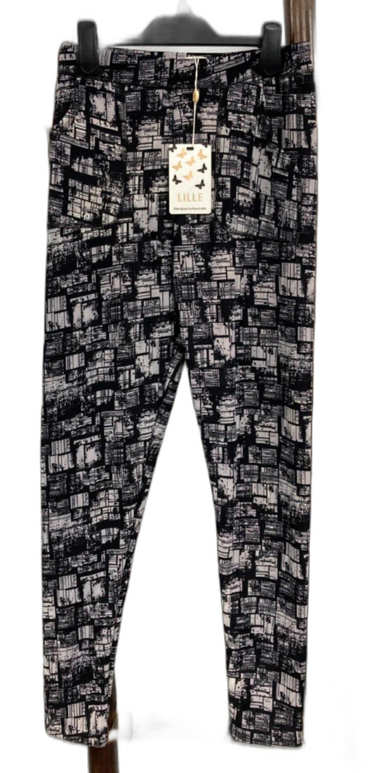 Lille Fleece Lined Geo-Patterned Fitted Leggings Black Ladies Sz M NEW