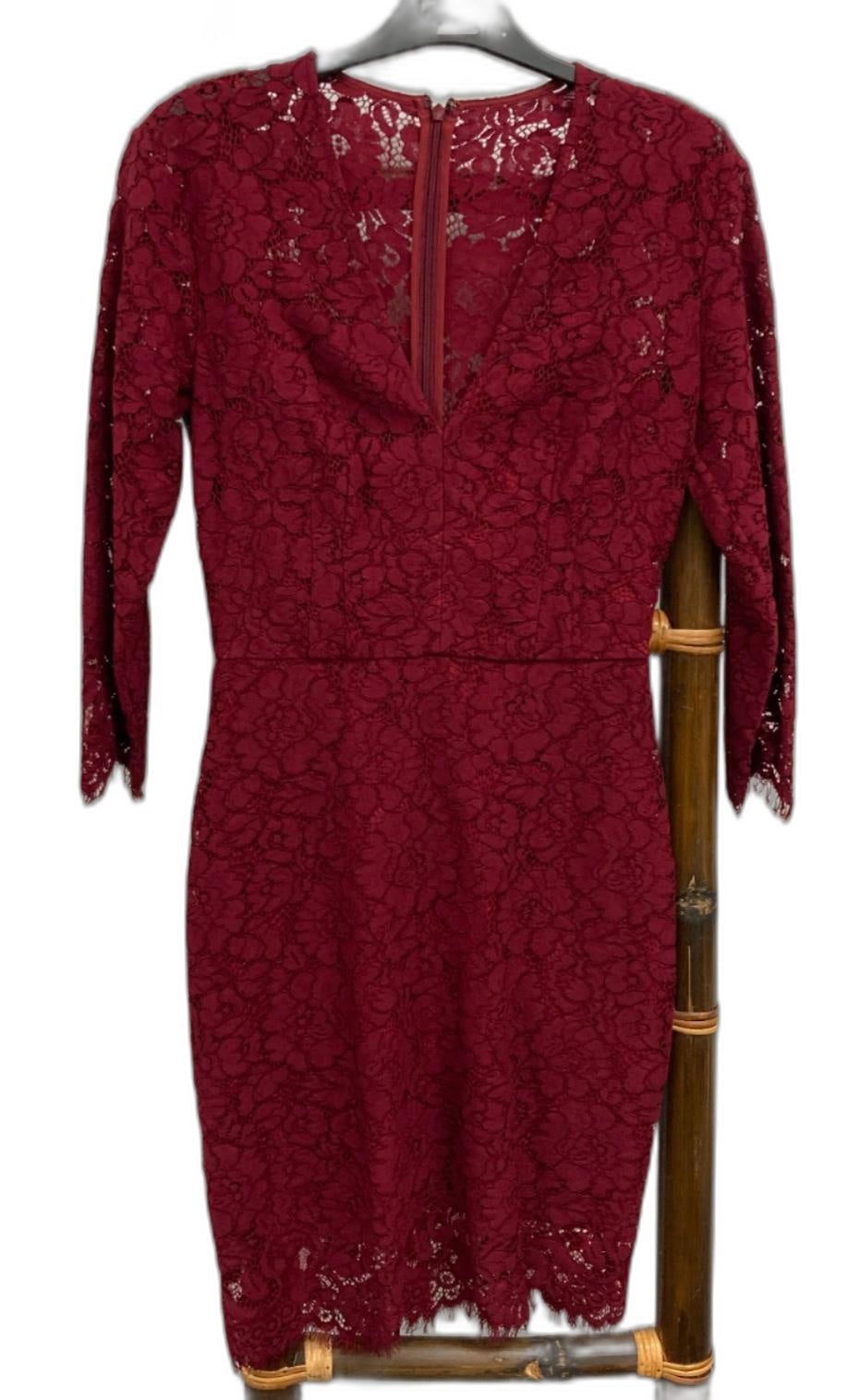 Lover Low V-Neck 3/4 Lace-Pattern Sleeve Dress Burgundy Ladies Sz 8 *Tvshowneigh