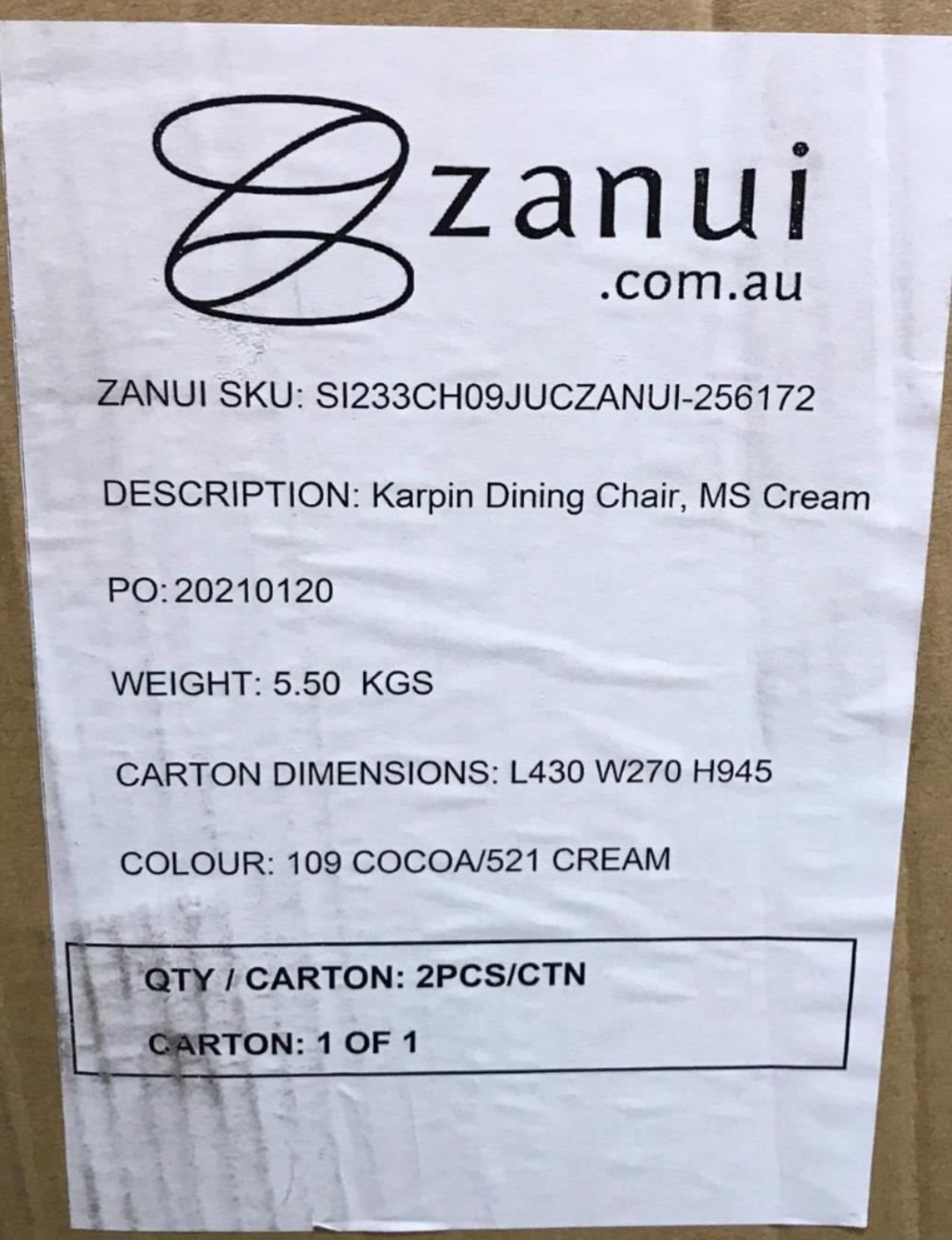 Set Of 2 Zanui Cream Vinyl Karpin Dining Chair 45 X 53 X 92Cm NEW