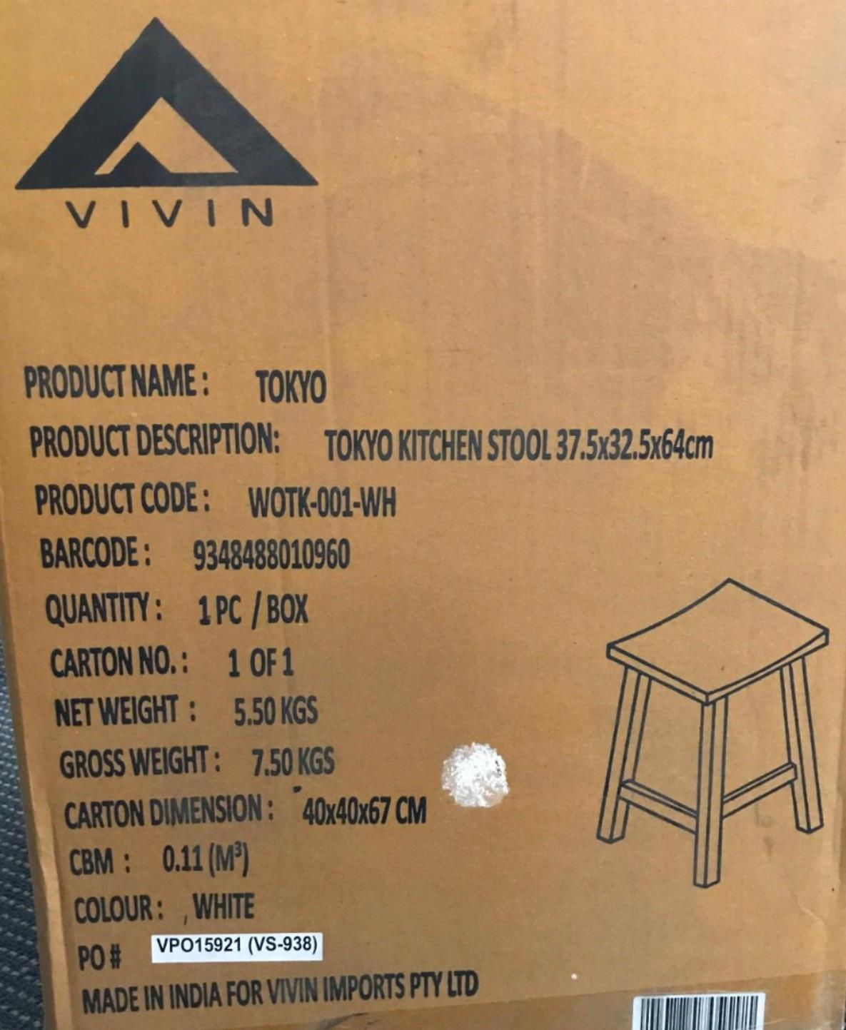 Vivin White Tokyo Kitchen Stool Mango Wood Hardwood 37.5X32.5X64Cm NEW