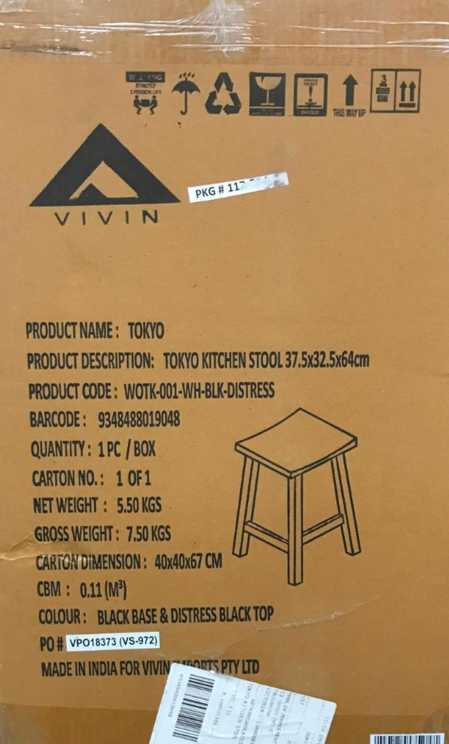 Vivin Black Tokyo Kitchen Stool Mango Wood Hardwood 37.5X32.5X64Cm NEW