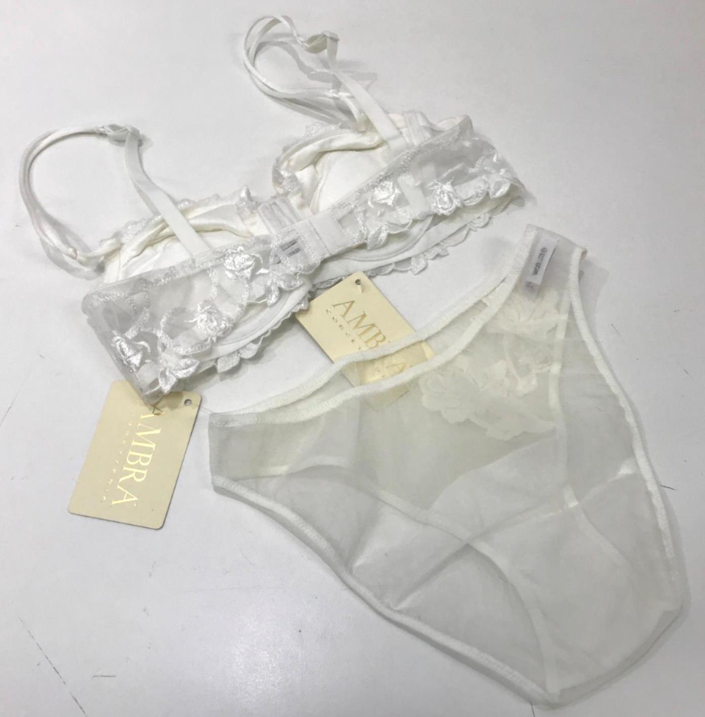 Ambra Sheer Underwire Flower Soft Bra Lingerie Set White Sz 10 NEW