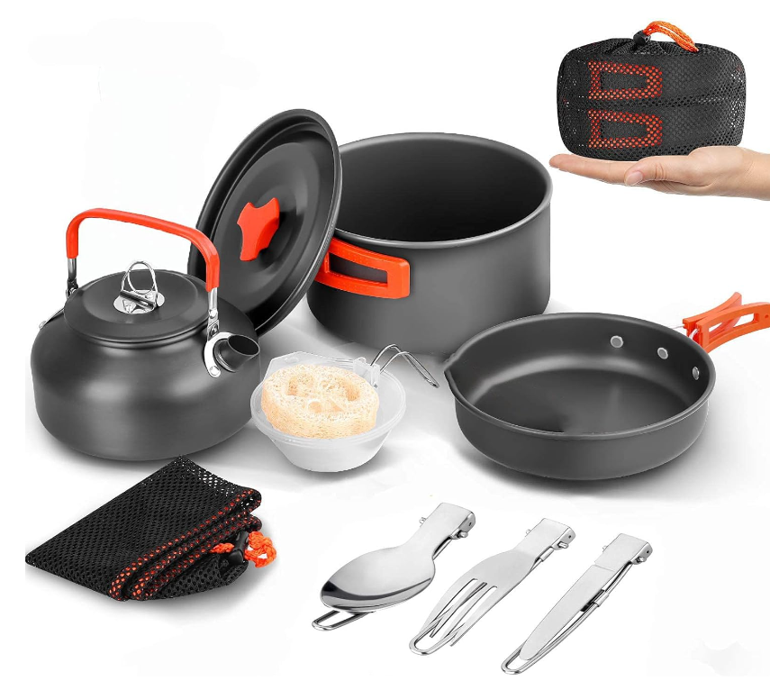 Portable Lightweight Non-Stick 13 Piece Camping Cooking Set W/ Kettle NEW