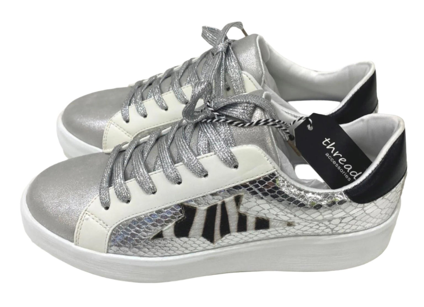 Threadz Silver Metallic Star White Sneakers Ladies Various Sizes NEW