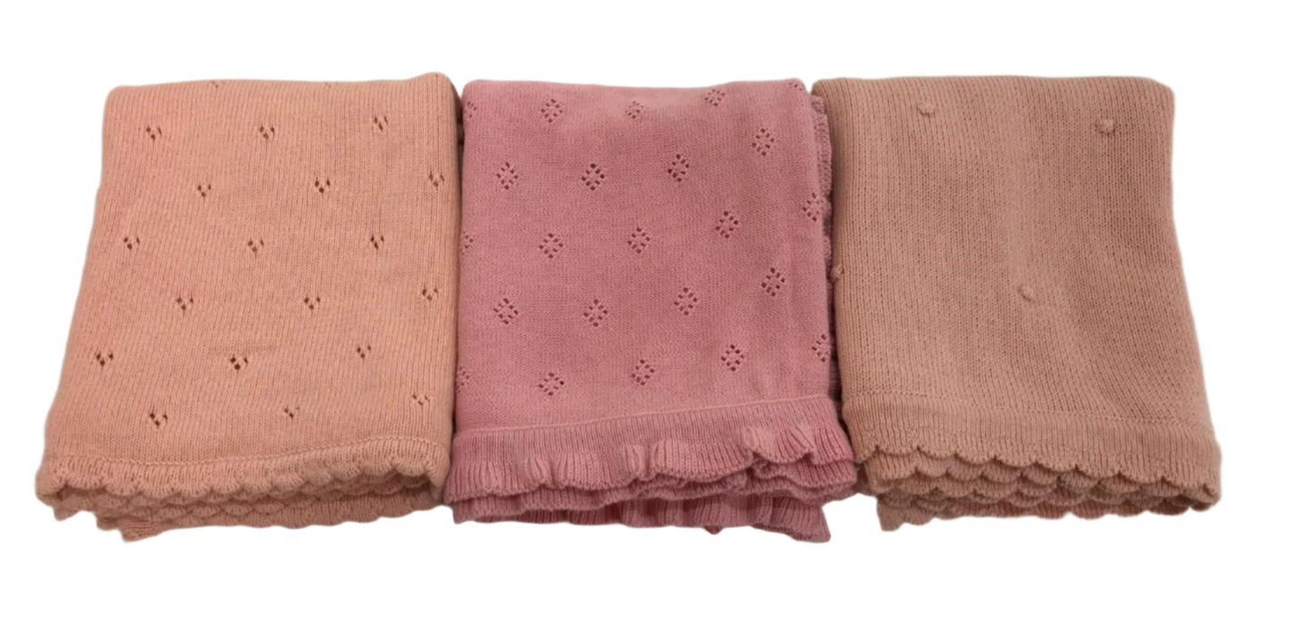 3 Piece Pink & Peach Soft Knit Soft Frill Lining Baby Blankets NEW