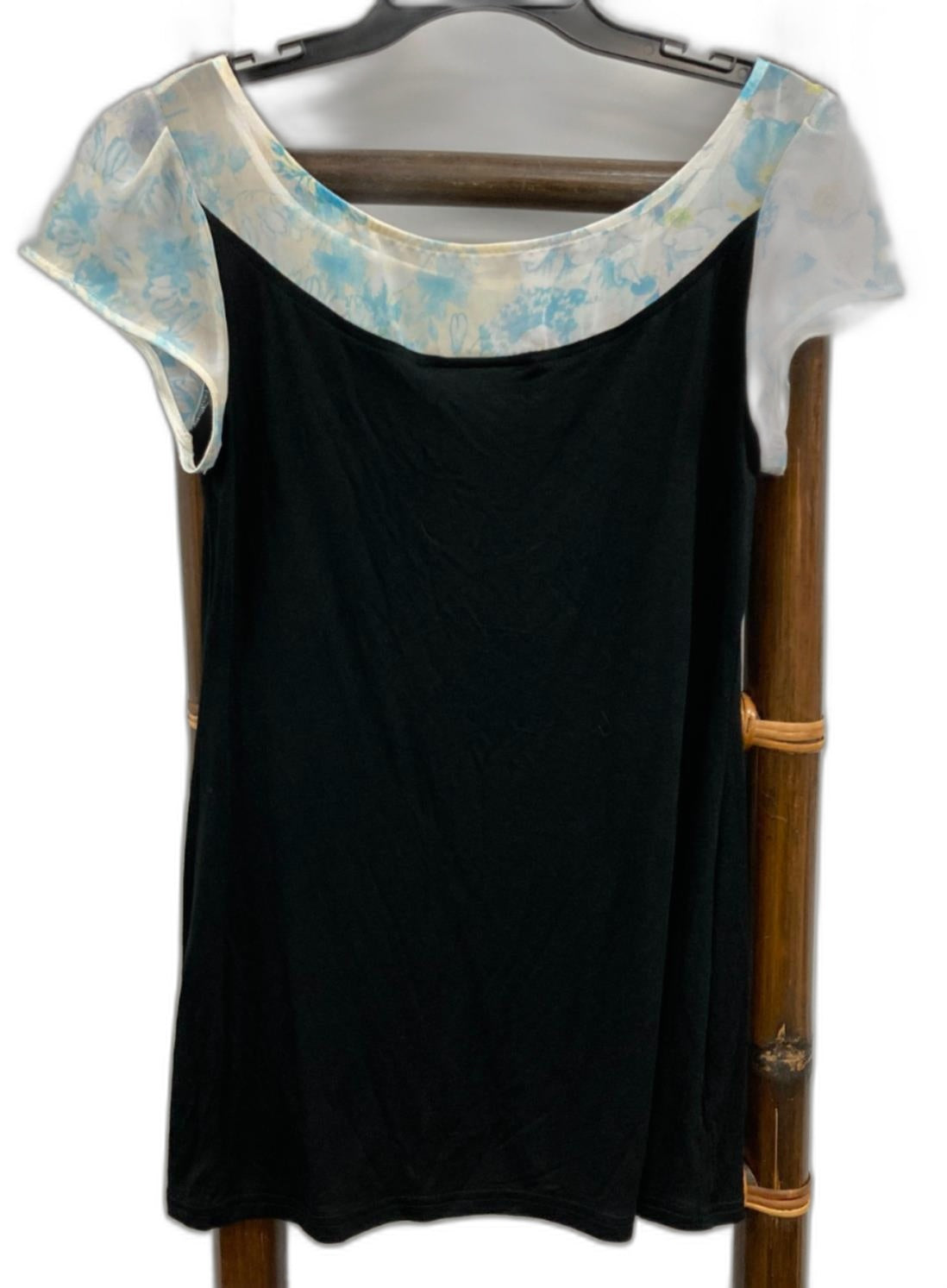 Since Grey Bamboo Floral Sleeve And Neck, Black Tee Ladies Sz L NEW