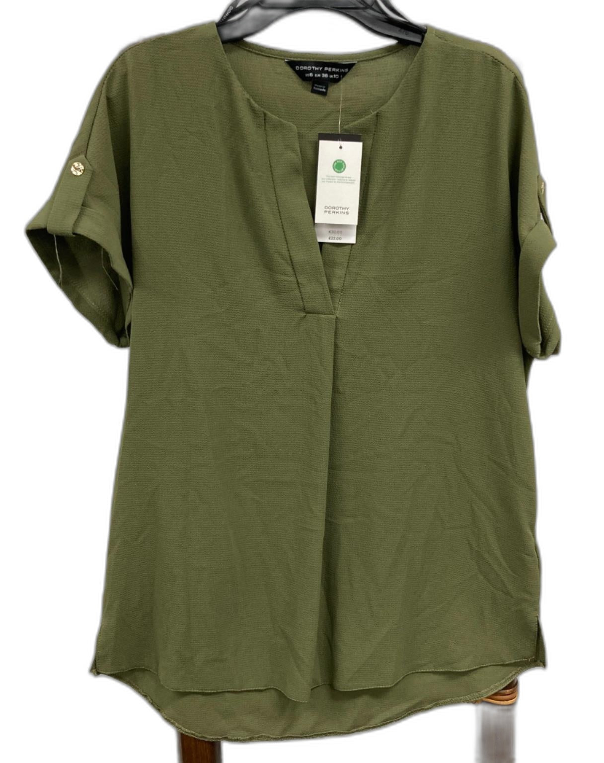 Dorothy Perkins V-Neck Short Sleeve Blouse Khaki Green Ladies Sz S NEW