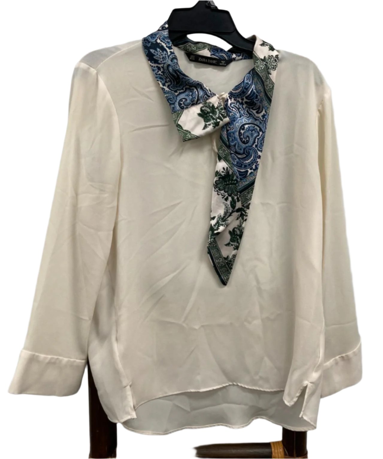 Zara Basics Blouse With Paisley Tie 3/4 Sleeves Off White Ladies Sz S